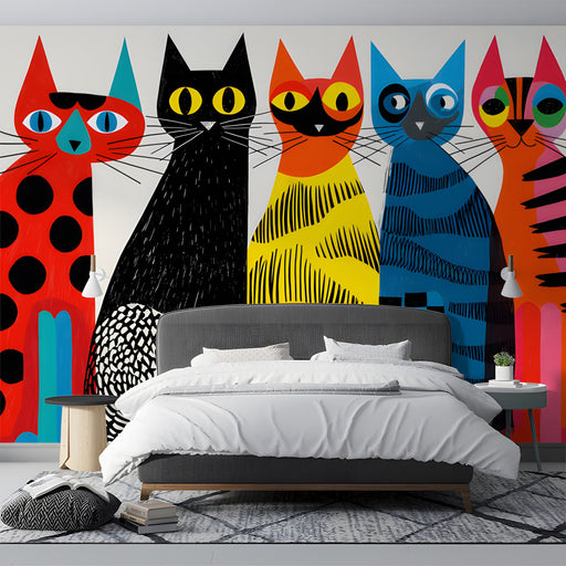 Whimsical cat pattern mural installed in a brightly lit modern bedroom with mid-century furniture