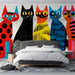 Whimsical cat pattern mural installed in a brightly lit modern bedroom with mid-century furniture