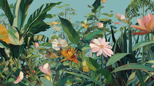 A lush botanical mural with tropical leaves, pink and yellow flowers, and butterflies on a sky blue background.