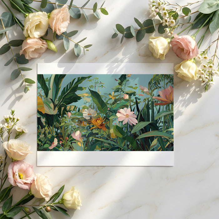 A bright dining room featuring a tropical botanical wallpaper mural on the accent wall.