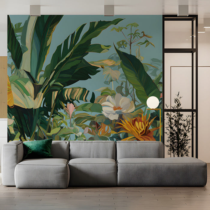 A commercial corner styled with an intricate floral and leaf pattern wallpaper mural.