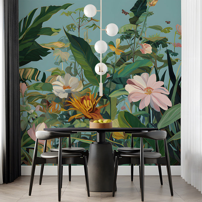 A dining room wall decorated with a large floral mural creating a calming garden atmosphere.