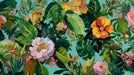 A vibrant botanical mural wallpaper featuring thick oil painting brushstrokes of yellow, pink, and green on a teal background