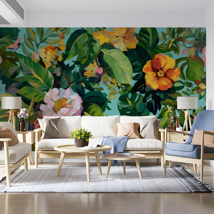 A bohemian-styled living room featuring a vibrant painterly botanical wallpaper