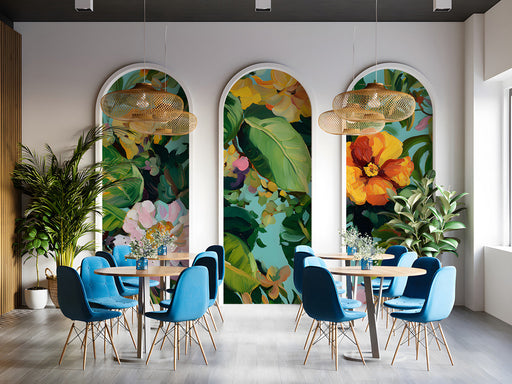 A bright, open bar with a botanical oil painting accent wall