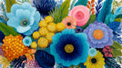 Close up of painterly flower mural with blue, yellow, and orange oversized blooms