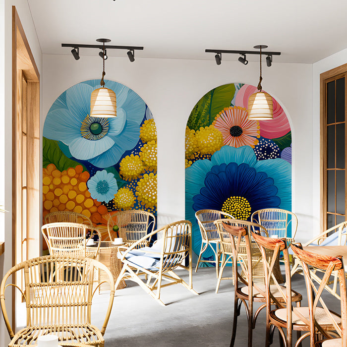 Modern cafe design decorated with a colorful floral wall mural and minimalist furniture