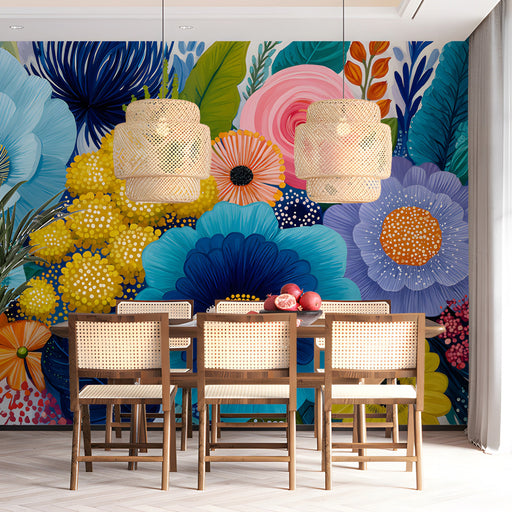 Dining room interior featuring a bold floral wall mural behind a dark wooden table