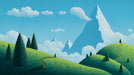 Whimsical landscape wallpaper featuring green hills, a small traveler on a path, blue sky, and large snow-capped mountains