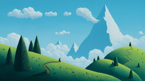 Whimsical landscape wallpaper featuring green hills, a small traveler on a path, blue sky, and large snow-capped mountains