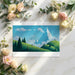 Mountain scene wallpaper in a modern home office with minimalist white decor