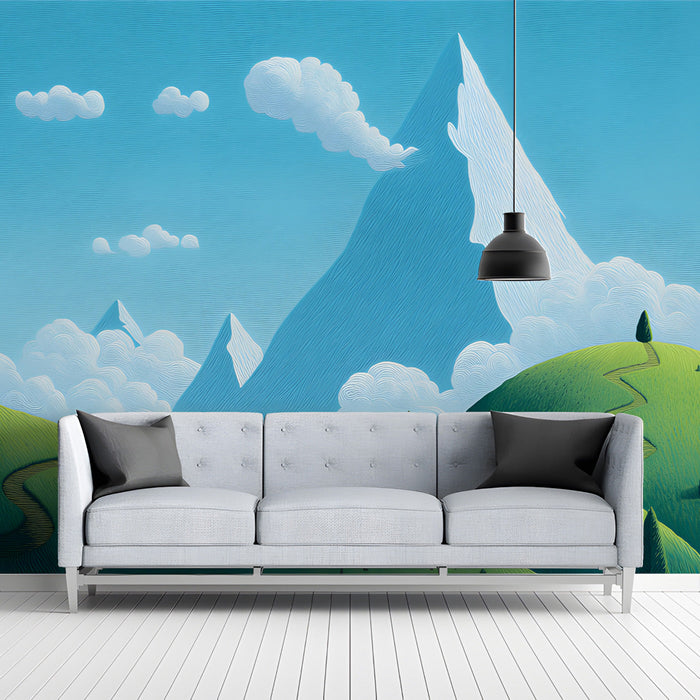 Whimsical nature mural backdrop in a bright, airy entryway with scattered toys