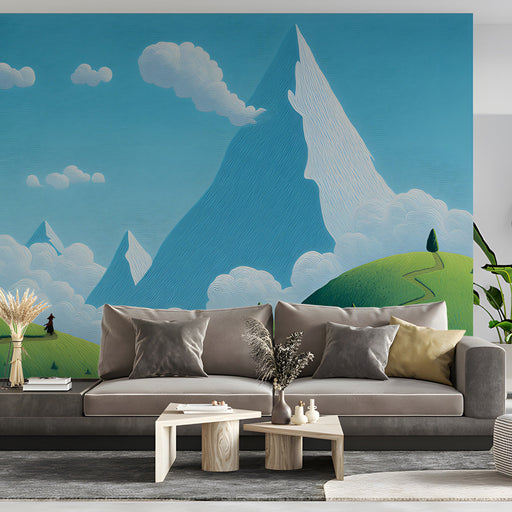 Alpine landscape mural installed in a colorful kid's living room with wooden furniture