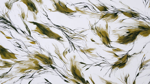 Abstract willow branches pattern with ochre brushstrokes and thin black ink lines on a white background.