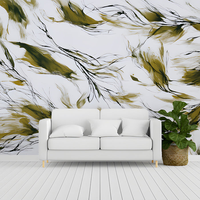 Minimalist home office space accented with a fluid art nature-inspired wall mural.