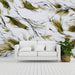 Minimalist home office space accented with a fluid art nature-inspired wall mural.