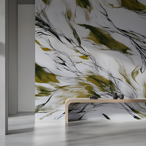 Modern living room featuring an organic abstract nature wallpaper on the main wall.