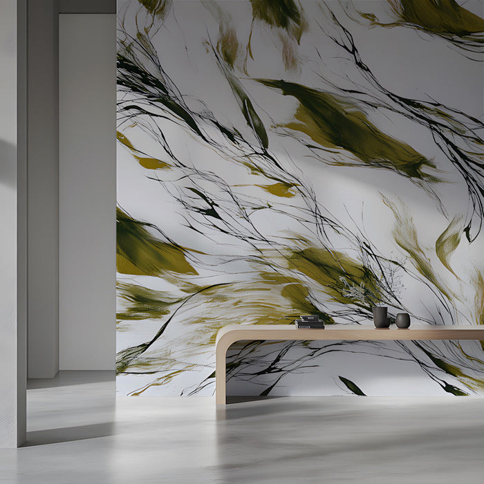 Modern living room featuring an organic abstract nature wallpaper on the main wall.