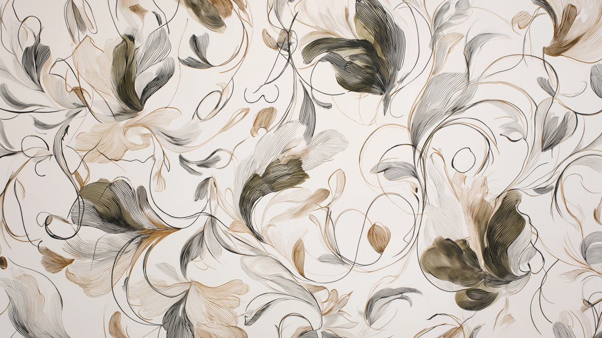 Abstract botanical wall mural with flowing line art petals in charcoal brown and gold on white
