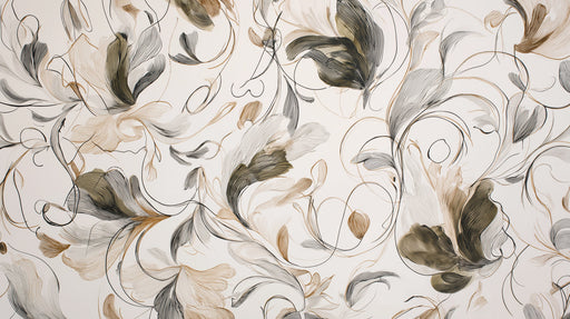 Abstract botanical wall mural with flowing line art petals in charcoal brown and gold on white