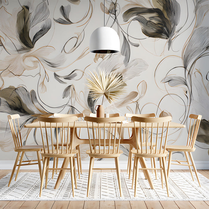 Bright dining room with fluid botanical sketch mural creating an elegant backdrop