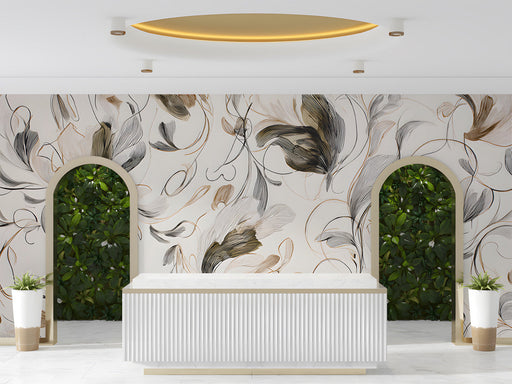 Modern office featuring abstract botanical mural wallpaper behind a minimalist sofa