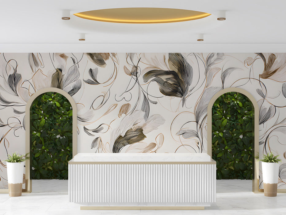Modern office featuring abstract botanical mural wallpaper behind a minimalist sofa