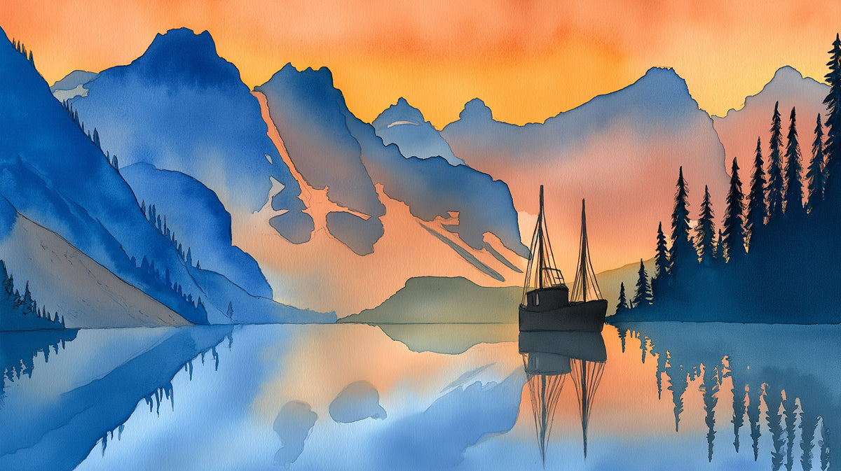 Watercolor landscape mural with blue mountains and orange sunset reflection on a lake