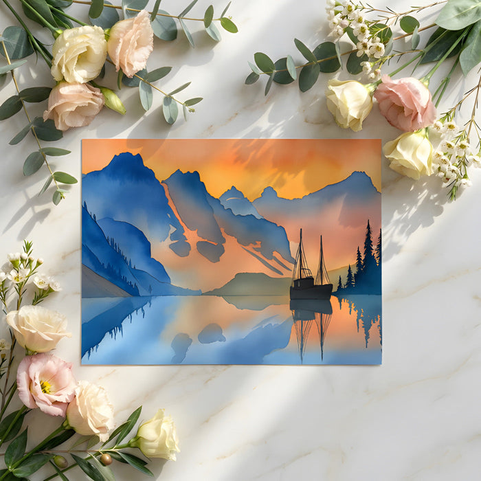 Bedroom wall mural of a sunset mountain scene creating a peaceful sleeping environment