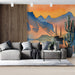 Modern home office with watercolor mountain landscape wallpaper on the focal wall