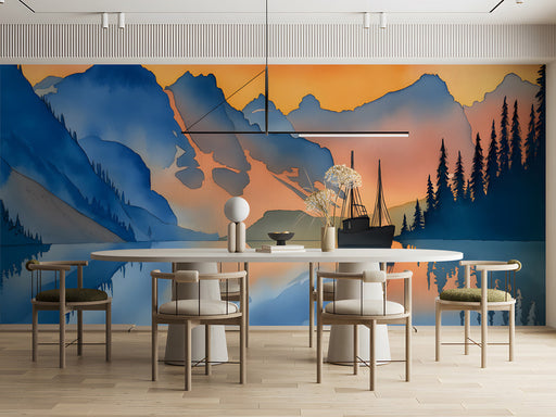 Meetingroom featuring a serene mountain lake wallpaper behind a neutral grey sofa