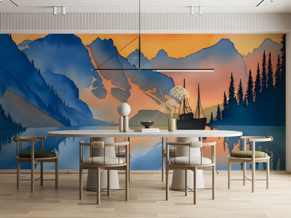 Meetingroom featuring a serene mountain lake wallpaper behind a neutral grey sofa