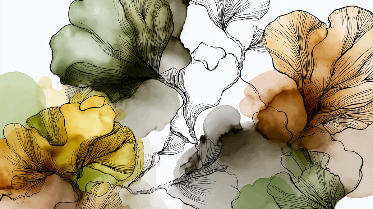 Abstract watercolor wallpaper featuring flowing ginkgo leaves in moss green, ochre yellow, and charcoal ink lines.