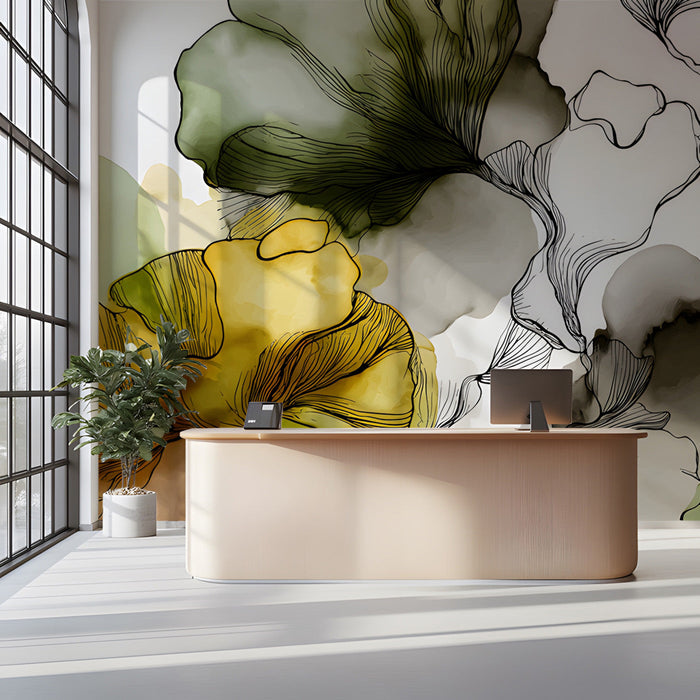 Bright home office space with watercolor floral mural to inspire creative energy and soft natural light.