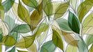 Abstract pattern of green watercolor leaves with black charcoal line sketches on white