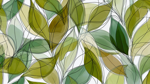 Abstract pattern of green watercolor leaves with black charcoal line sketches on white