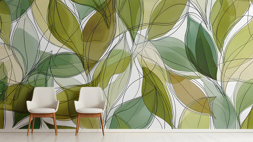 Modern sunroom featuring a vibrant leaf mural and indoor hanging plants