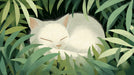 A sleeping cream-colored cat nestled in layered deep green foliage with a painterly texture