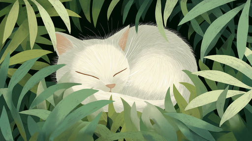 A sleeping cream-colored cat nestled in layered deep green foliage with a painterly texture