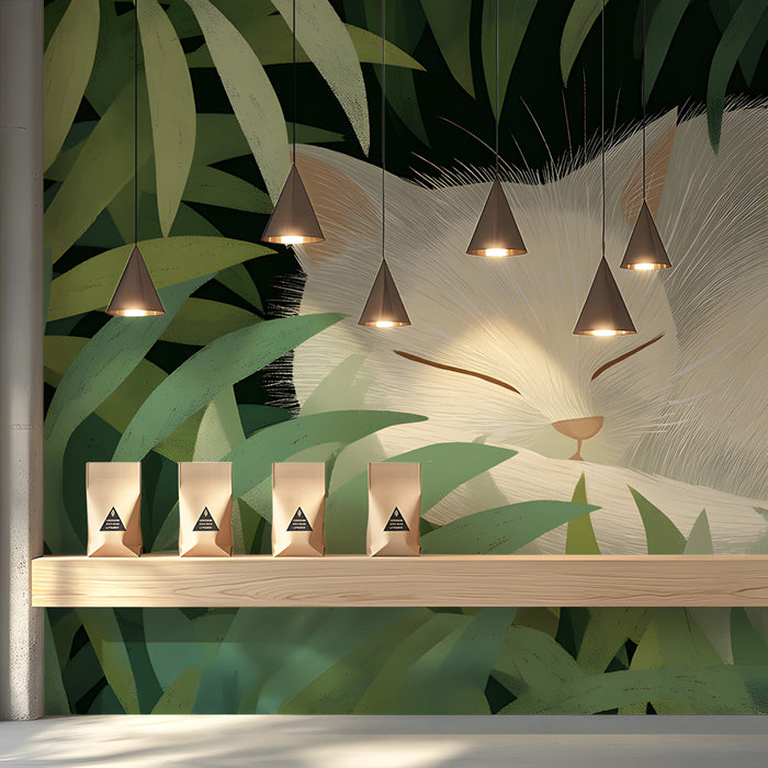 A shop or reading nook with a playful cat wall mural and indoor plants