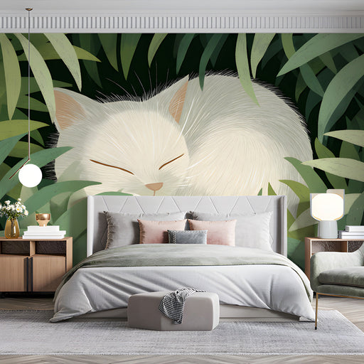 A cozy bedroom wall featuring a sleeping cat mural behind a wooden headboard