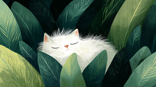 Illustration of a fluffy white cat sleeping inside large, dark and light green tropical leaves.