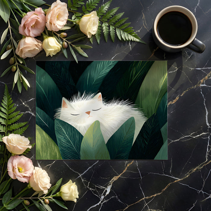 A relaxing bedroom wall mural depicting a fluffy cat hidden in tropical foliage.