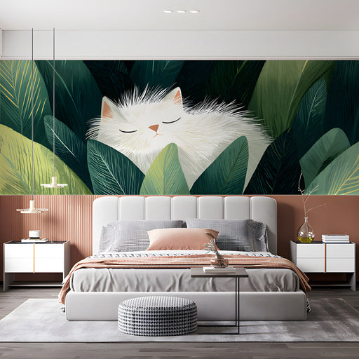 A bedroom wall mural featuring a cat resting in botanical leaves.