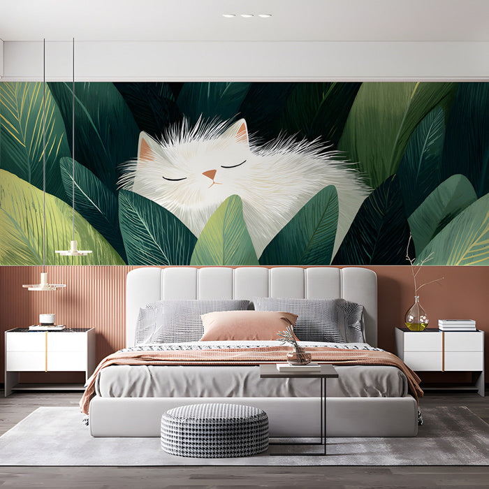 A bedroom wall mural featuring a cat resting in botanical leaves.