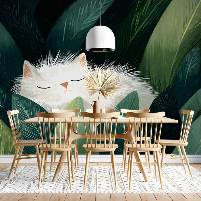 A cozy dining room wall featuring a sleeping white cat mural with lush green leaves.