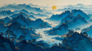 A panoramic landscape wallpaper featuring layered deep blue mountains, a river with sailboats, and a golden sun in a painterly style.