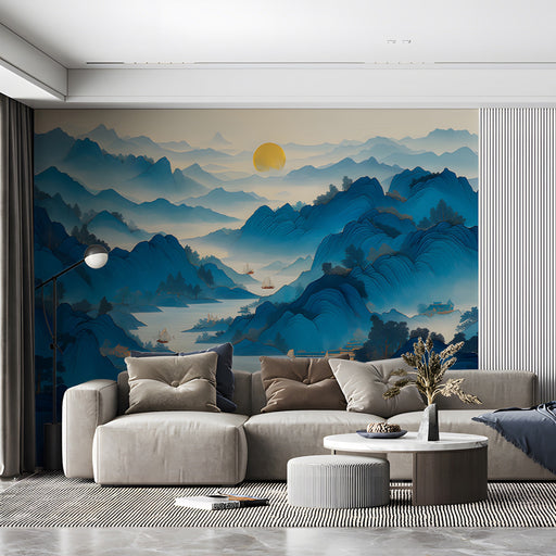 A calm living room interior with the blue mountain mural creating a peaceful backdrop for wood furniture.
