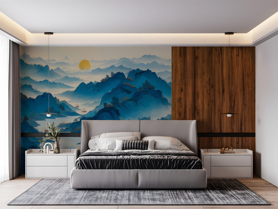 A cozy bedroom wall featuring a serene blue mountain landscape mural behind a neutral-toned wooden bed frame.
