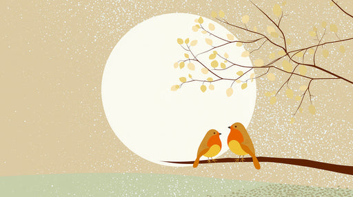 Illustrative wallpaper featuring two robins on a branch against a large moon and soft snowfall on a creamy background